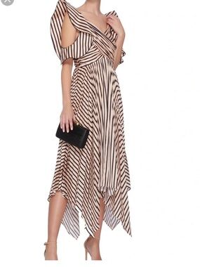 Self Portrait Stripe Midi Dress, Nude/Black, Pleated, Cut Out, Size 8, NWT